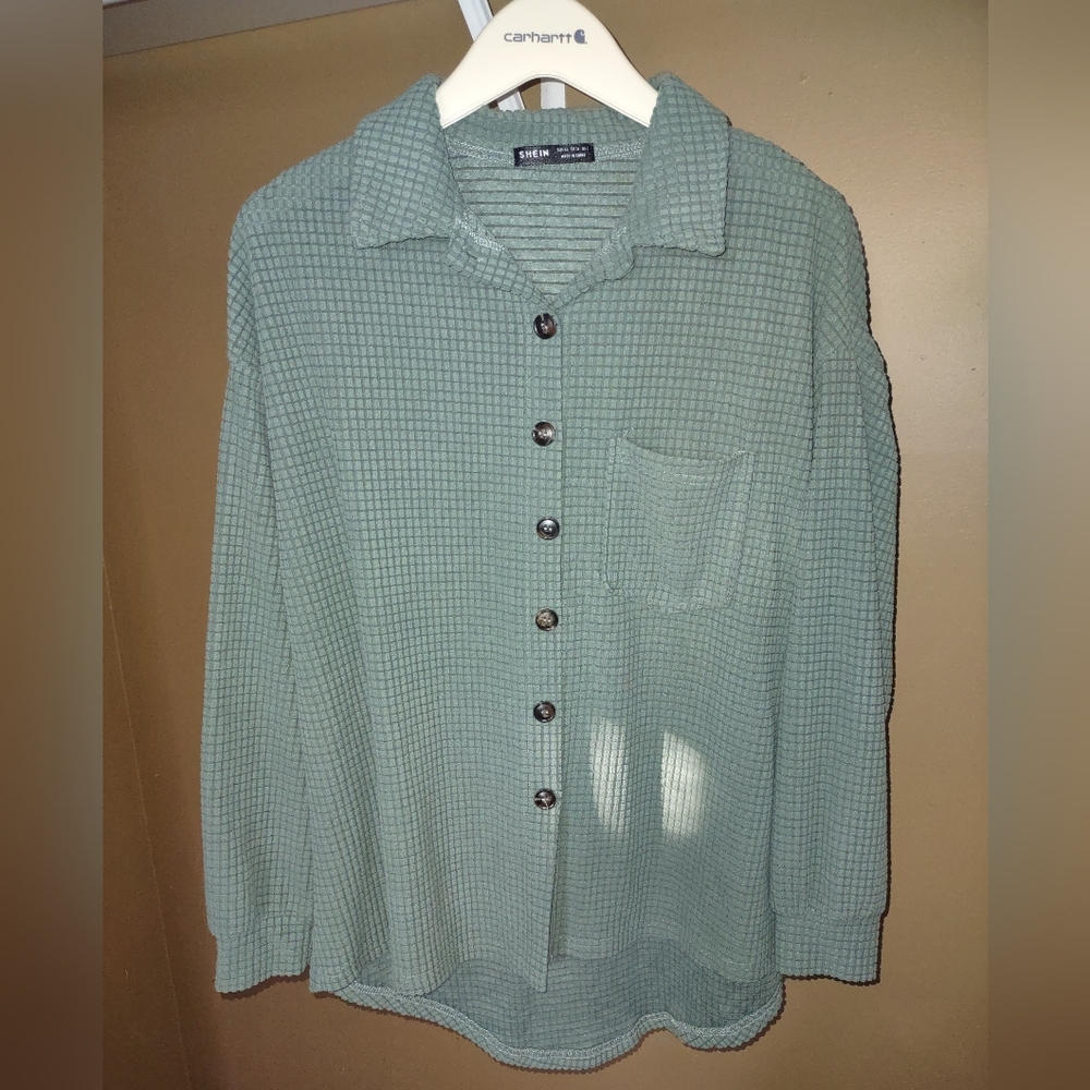Green Button-Up Waffle Knit Drop Shoulder Blouse/Cardigan